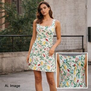 Old Navy Linen Blend Fruit Floral Square Neck Mini Dress Women L Cottagecore NWT